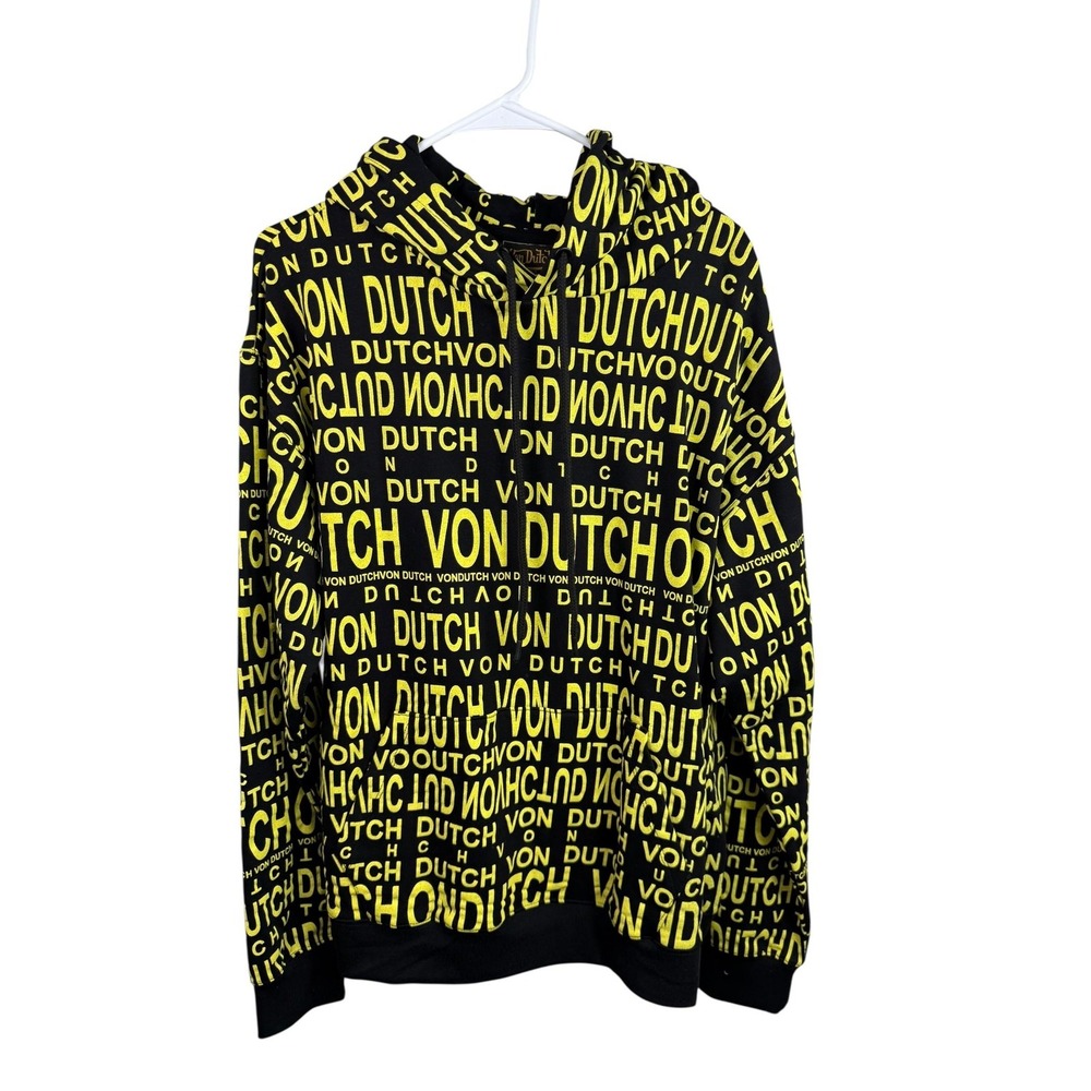 Von Dutch Hoodie‎ Mens Large Black Yellow All Over Logo Print Full Zip Paris